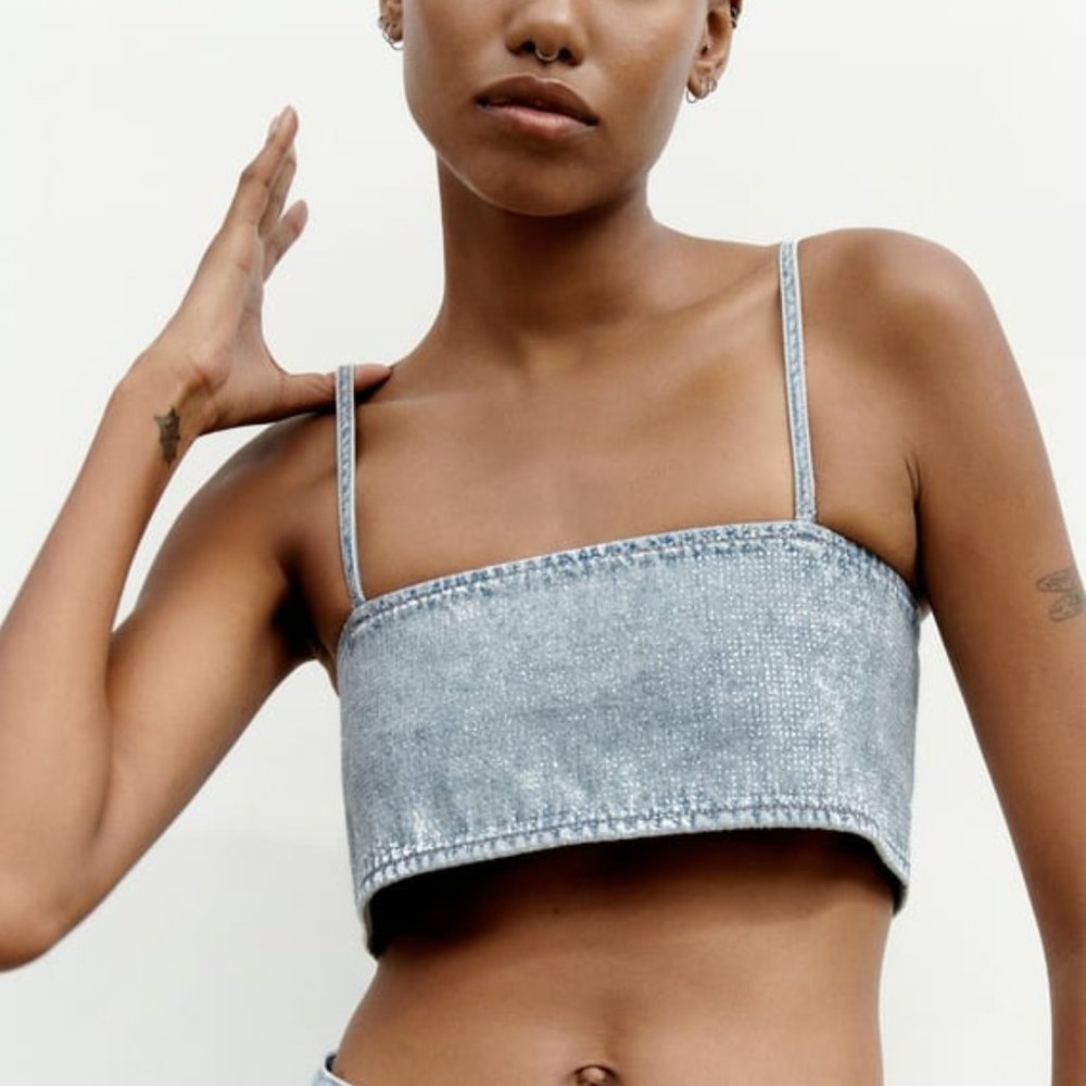 NWT BLUE RHINESTONE SPARKLY DENIM CROP TOP